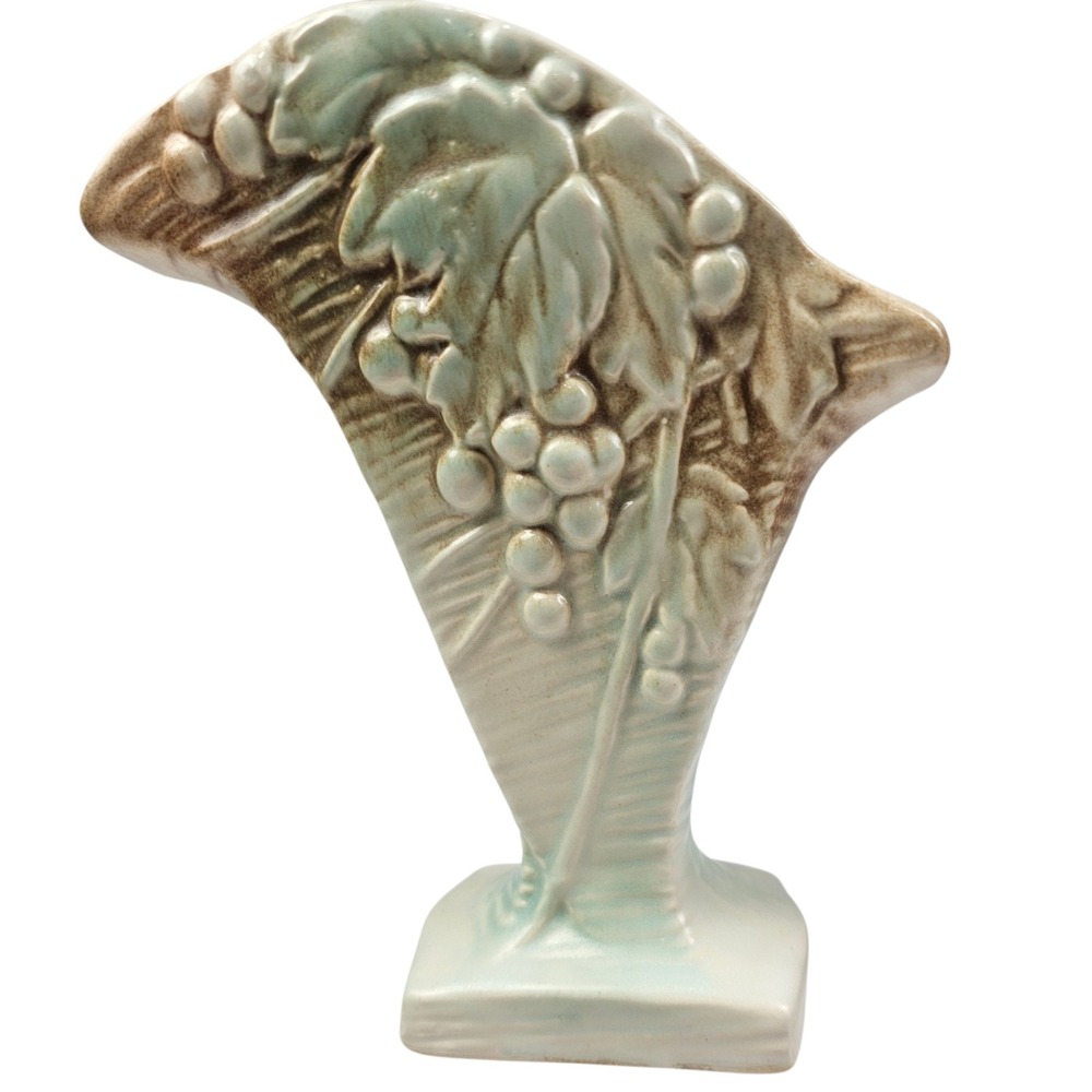 Vintage Ceramic Fan Vase Embossed Grape Leaf Seafoam Green Brown Mid Century